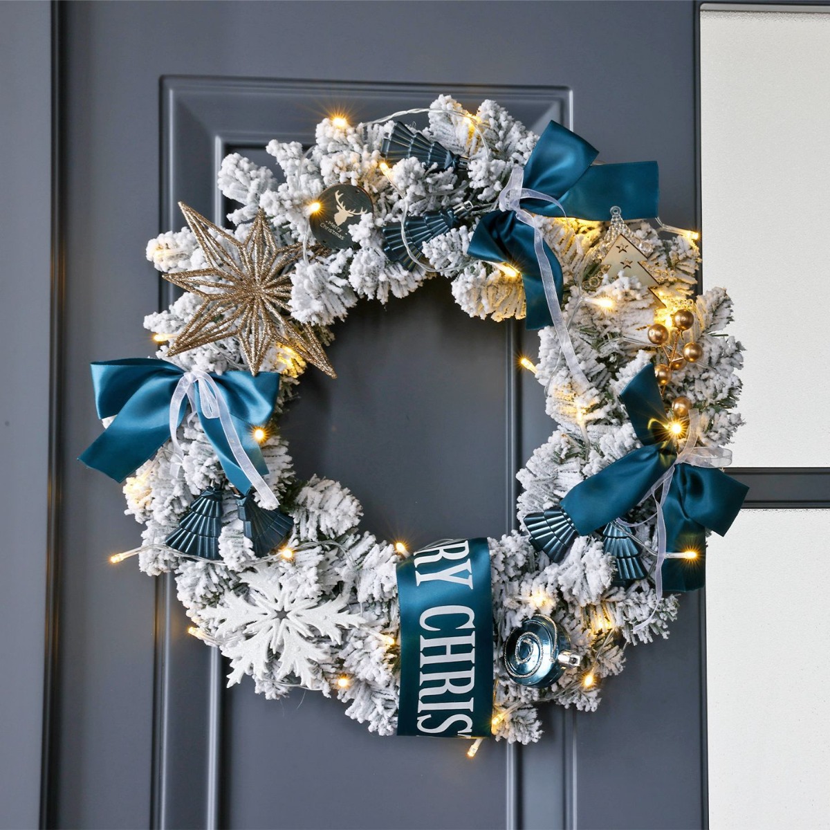 Ribbon Bow Gift - Beyaz Mavi Karlı Kış Çelenkleri, Noel