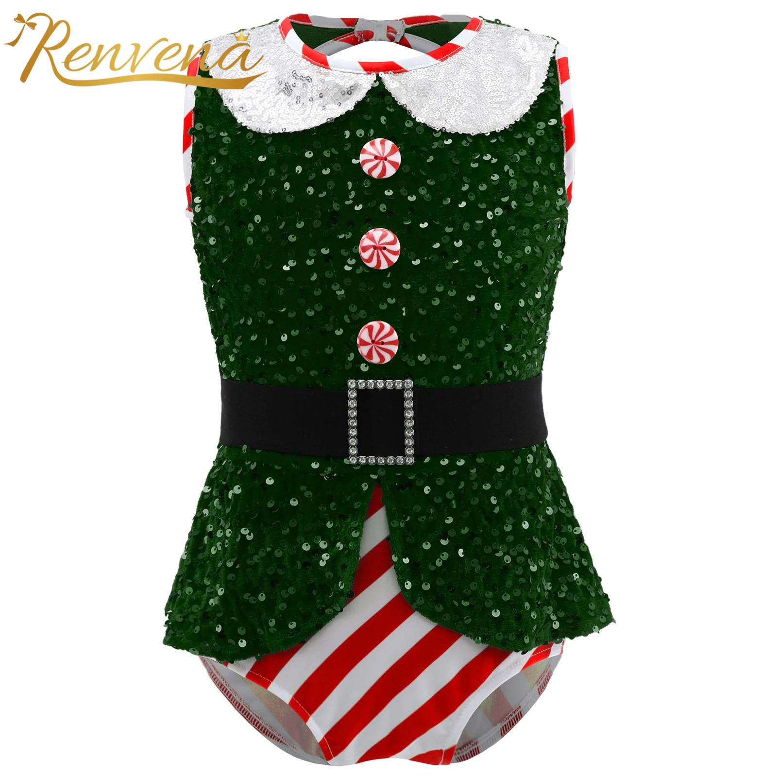 Elf Costume Christmas - Kızlar ışıltılı pullar tulumlar kolsuz Bodysuit