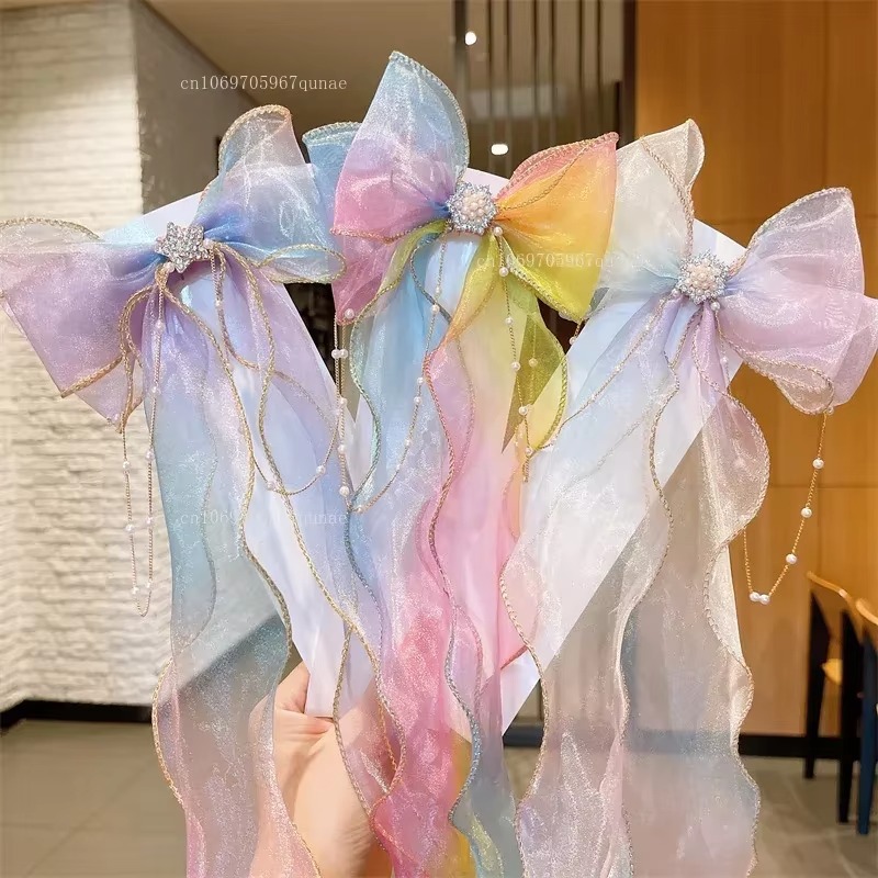 Ribbon Bow Gift - Gökkuşağı Şifon Yay Şerit Saç Klipleri