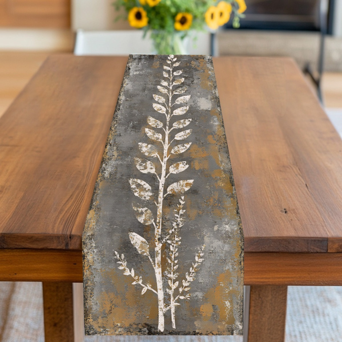 Christmas Table Runner - Vintage Gri Beyaz Yapraklar Masa Örtüsü,