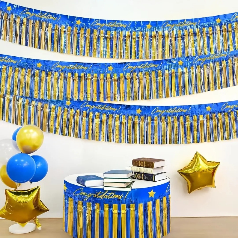 Tinsel Garland Decoration - 3 Adet Mavi Altın Varaklı Saçaklı